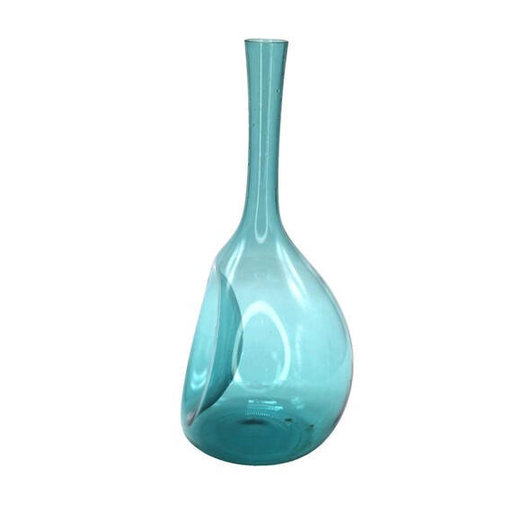 Dimpled Bulb Vase Hand Blown Art Glass Sweden MCM  Aqua Blue - Picture 10 of 16